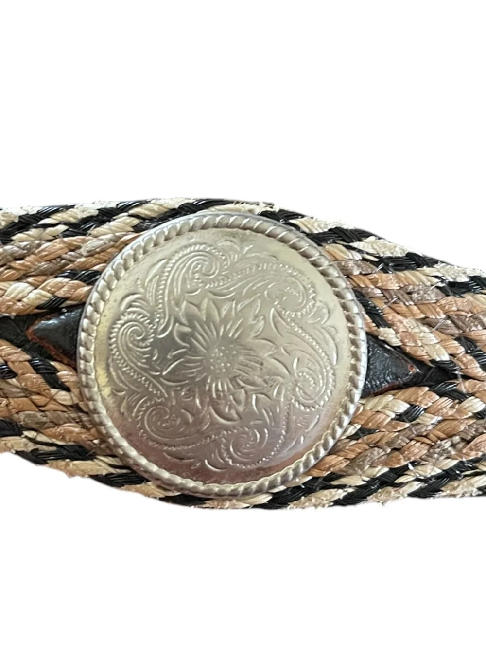 Western Leather Belt with Ornate Silver Conchos and Weaved Stiches Country Rodeo